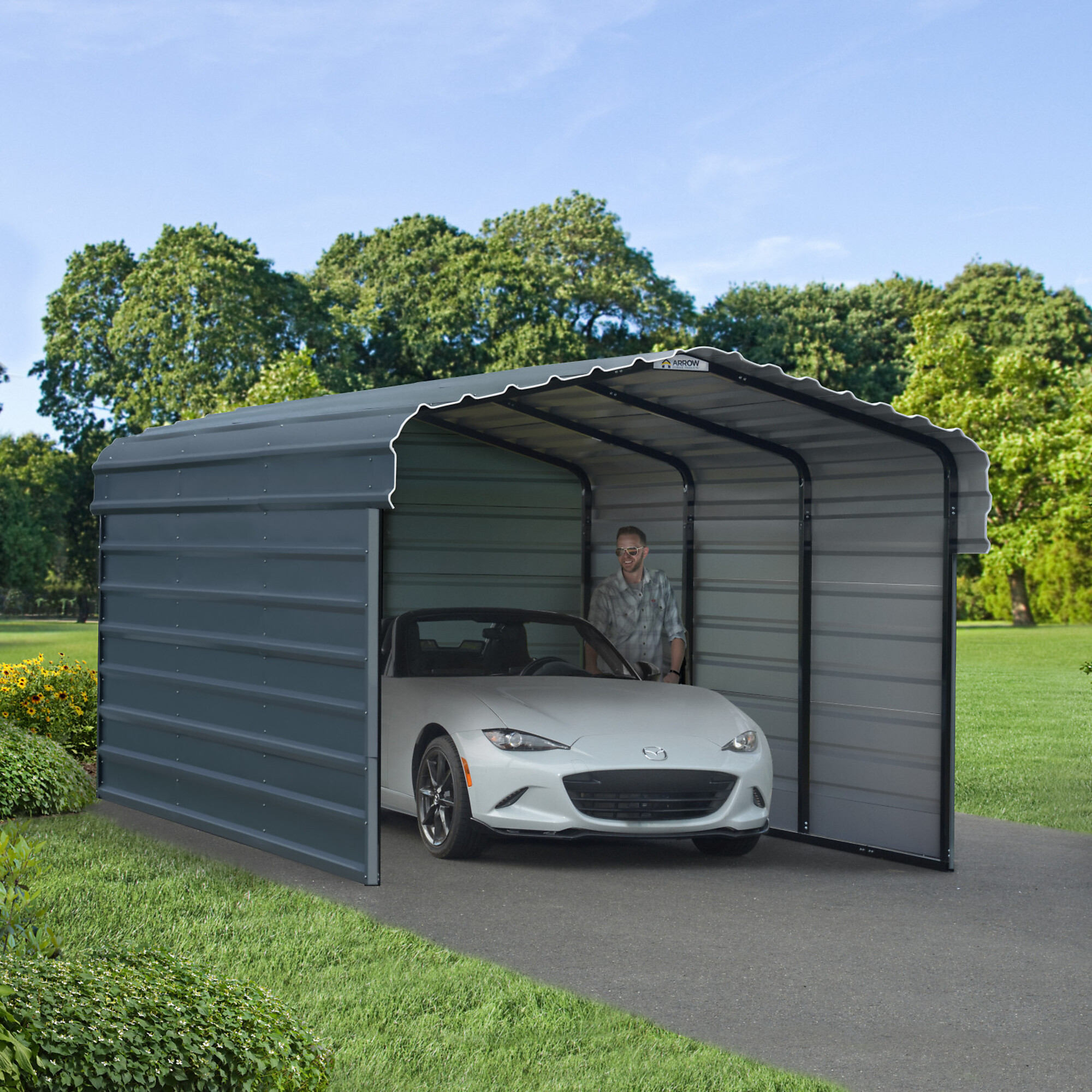 Arrow, Arrow 10x15x7 3 Sided Carport, Width 120 in, Height 98.4 in, Cover Material Steel, Model# CPHC101507ECL3